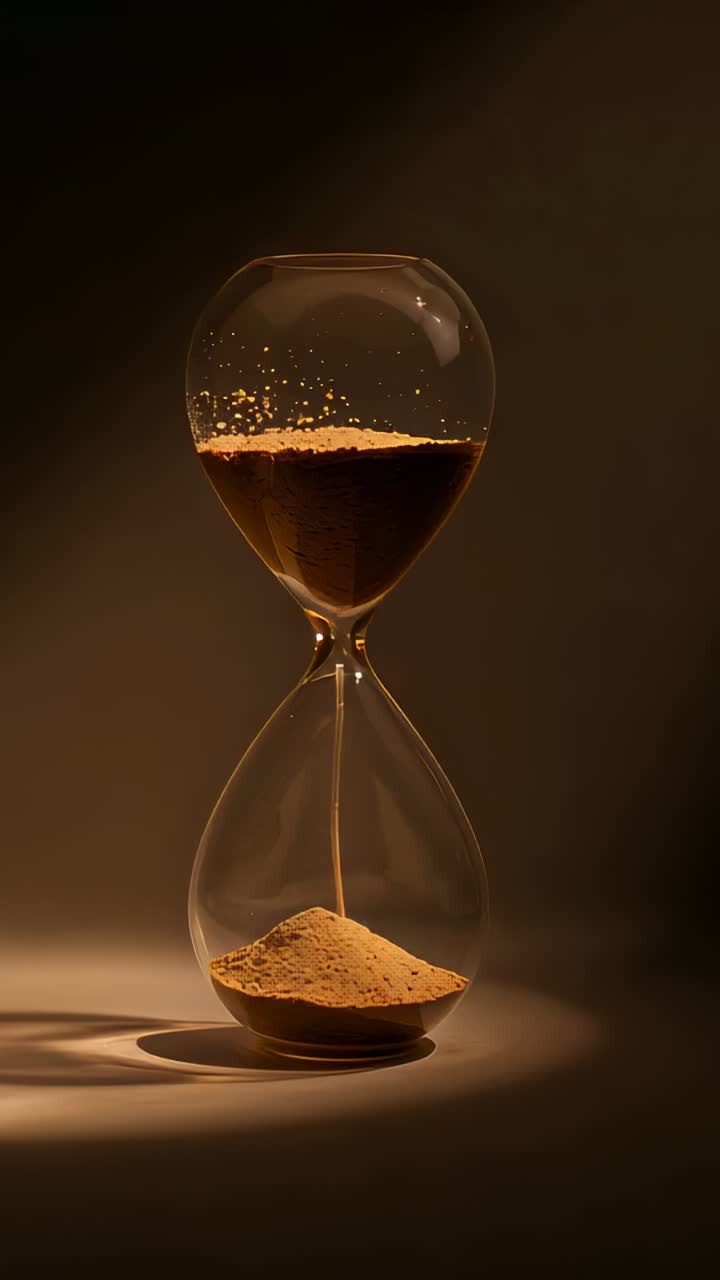 Vertical video: Flowing hourglass releasing sand as gravity pulling grains through neck on table