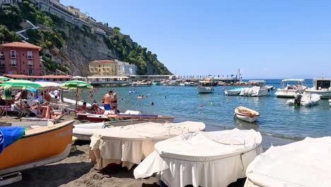 busy marina with boats and beachgoers