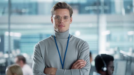 successful business manager in stylish turtleneck crossing arms, standing in modern diverse office working on financial, business and marketing projects. portrait of beautiful asian manager.