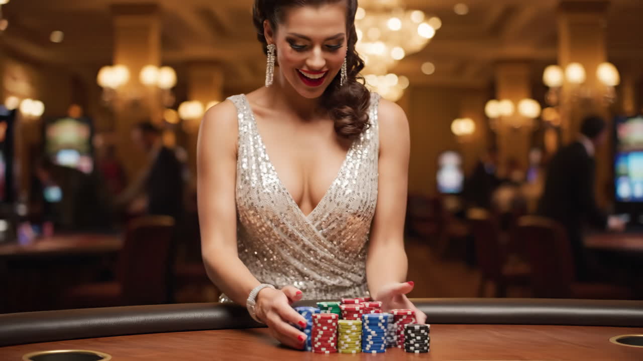 Woman playing with gambling chips in a casino