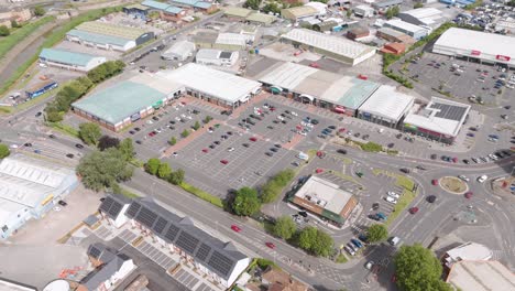 aerial view of a busy retail and commercial park