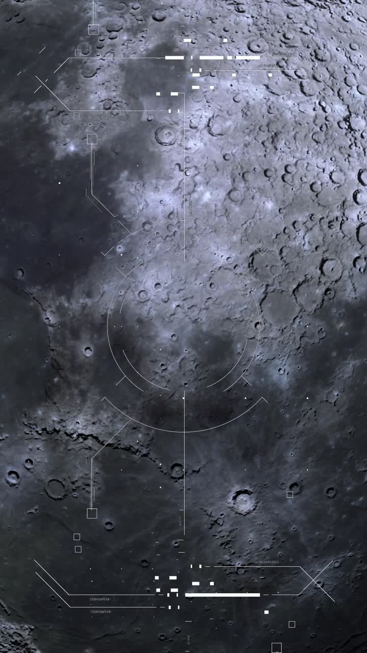 Vertical animation of sci-fi heads up display with angular elements analyzing surface of moon