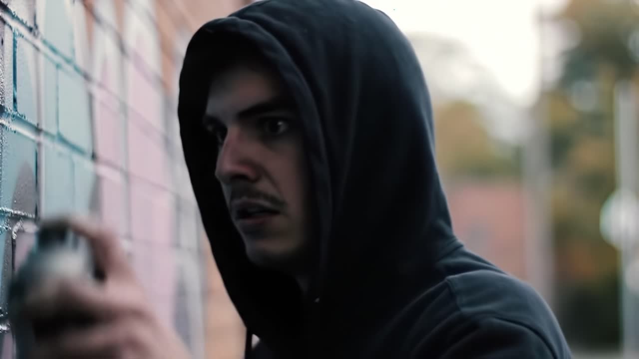 A Stealthy Artist in Action: Capturing the Creative Process of Graffiti Art on Urban Walls with Focus and Intensity