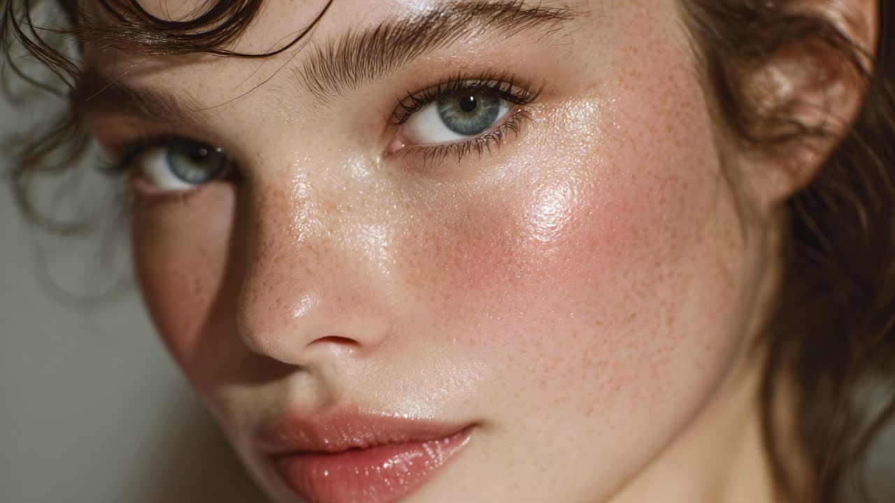 Close-Up Frames Showcasing Natural Beauty and Radiant Skin, Highlighting Features Like Fresh Complexion, Subtle Glow, and Enhanced Facial Characteristics Through Soft Lighting