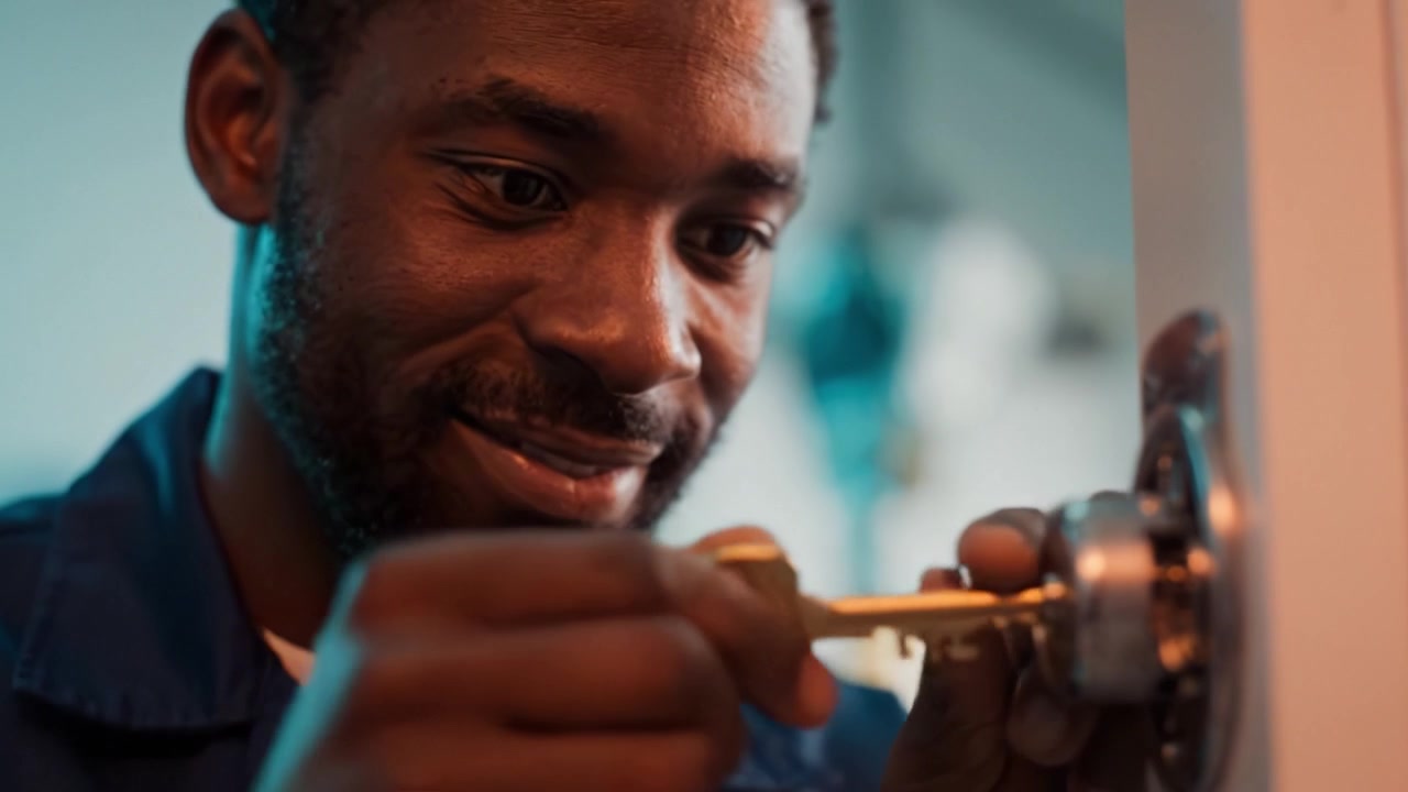 A skilled technician meticulously inserts a key into a lock, showcasing their proficiency and attention to detail in the art of locksmithing and security.