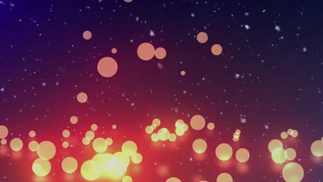 animation of christmas fairy lights with copy space over snow falling on black background
