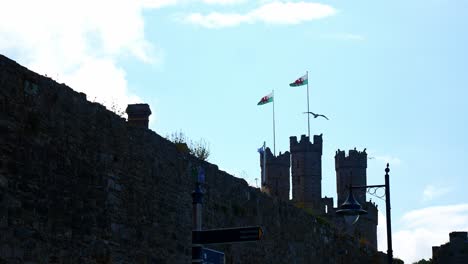 caernarfon castle tower flag poles holding wales welsh dragon emblems blowing in coastal breeze