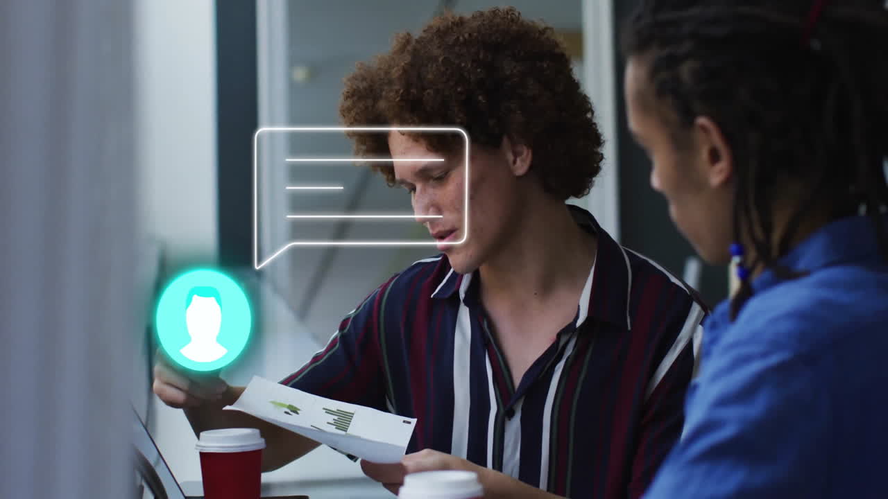 Reading documents, two people with coffee cups, chat bubble animation over scene