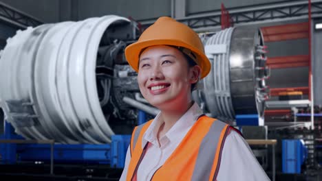 close up side view of asian female engineer wearing safety helmet looking around while standing with arms akimbo with airplane engine maintenance conducted