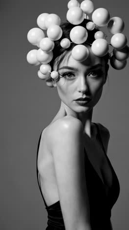 black and white portrait of a woman with spherical headpiece