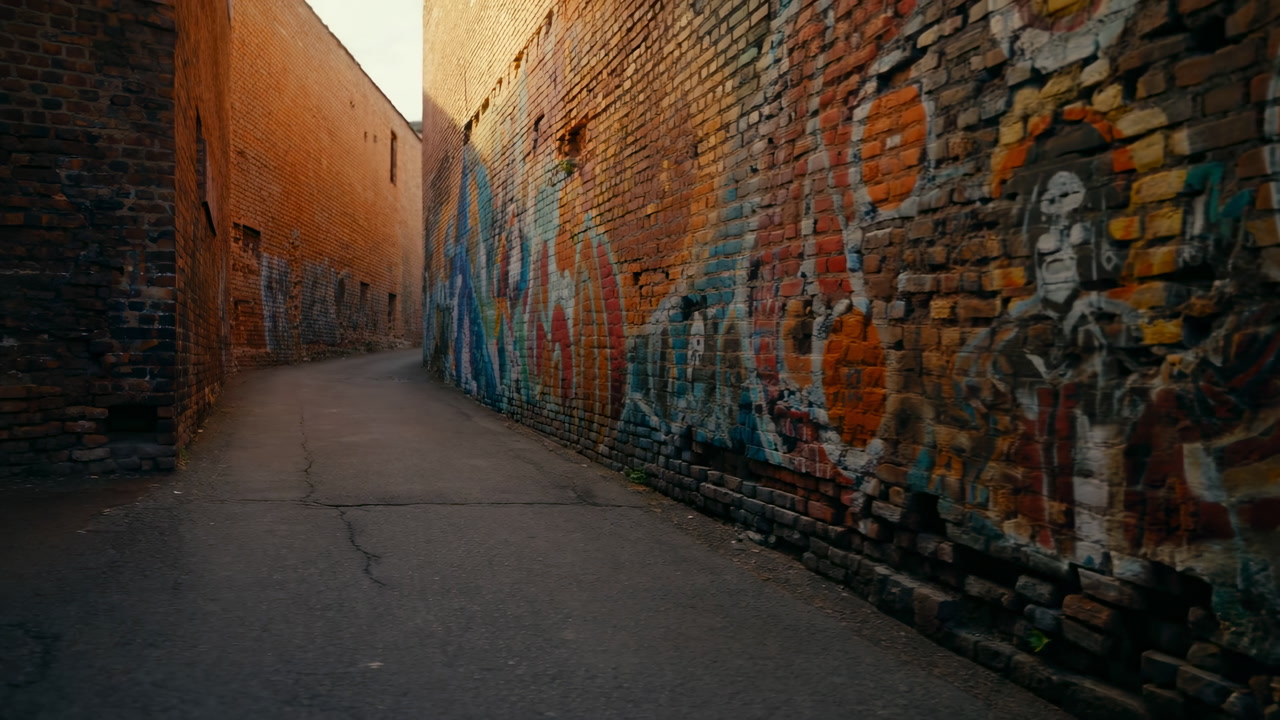 Graffiti Covered Brick Alley At Dusk, Moody Cinematic Scene With Colorful Murals Stretching Along Textured