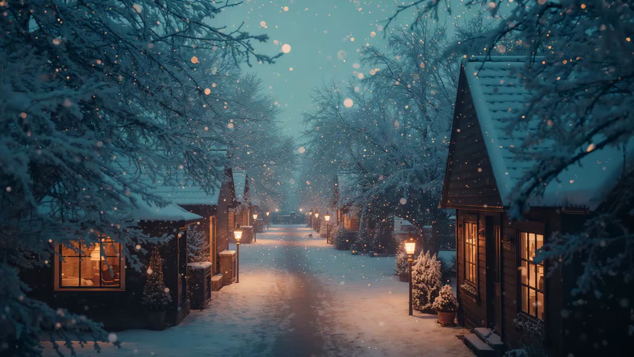 Drifting snowfall accumulating on village lane at twilight, with glowing wooden cottages and lamps