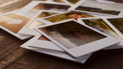 A pile of instant photos scattered on a wooden table