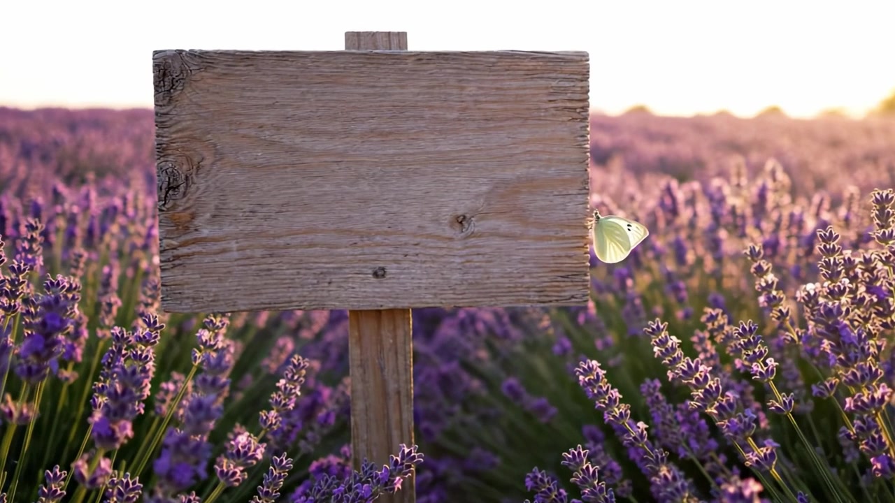 A Serene Lavender Field with a Blank Wooden Sign at Sunset, Highlighting Nature's Peaceful Beauty and Potential for Personal Messages