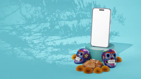 Colorful-skeletons-and-Mexican-flowers-with-mockup-mobile-phone,-turquoise-back