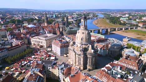 dramatic aerial top view flight dresden city women church frauenkirche city town germany, summer sunny blue sky day 23
