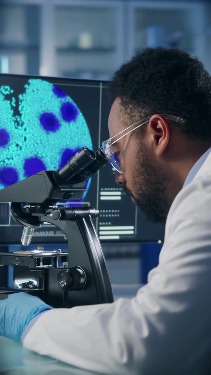 Male Scientist Examining Microscopic Sample with Computer Display