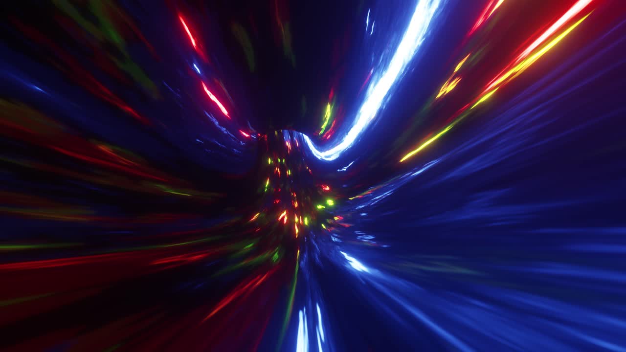 3D animation of multicolored flashy neon light tunnel
