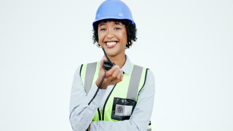Construction,-woman-and-walkie-talkie-in-studio