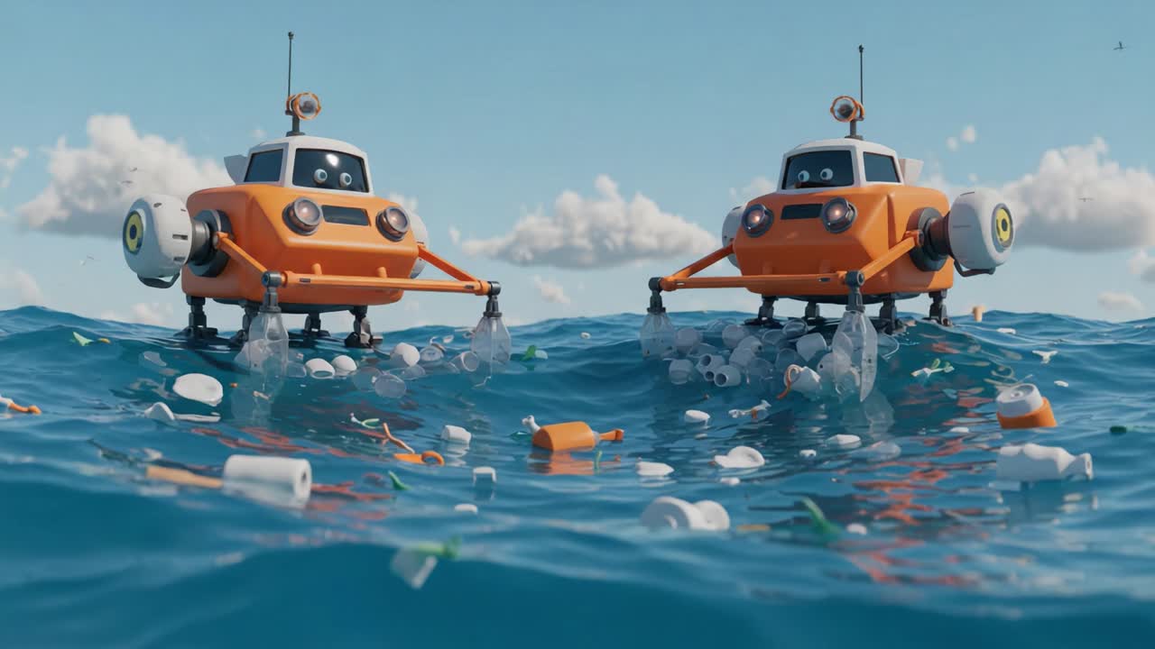 Two Animated Underwater Robots Collecting Ocean Plastic Waste To Promote Environmental Awareness And Marine Conservation Efforts In A Vibrant Cartoon Setting