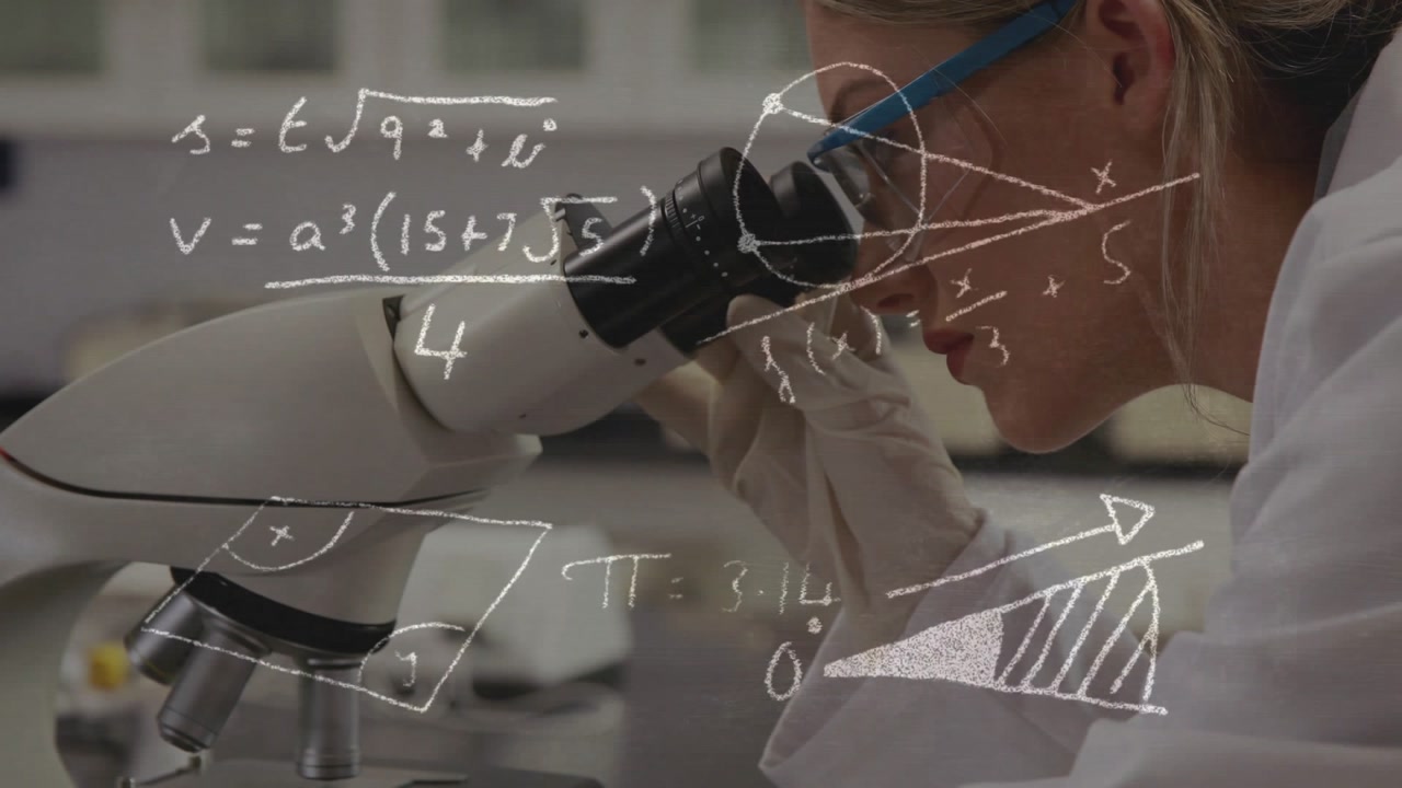 Woman scientist reaching eyepiece adjusting focus analyzing slide on lab equations over microscope