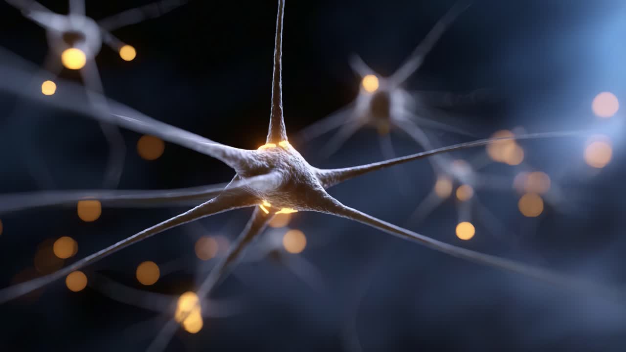 Detailed Visualization of Neurons Illuminating Signals with Glowing Synapses in a Dark Background, Representing Neural Networks and Connectivity in the Brain