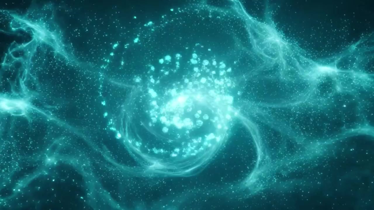 回転する銀河星雲を形成する抽象的な光り輝くシアンの粒子