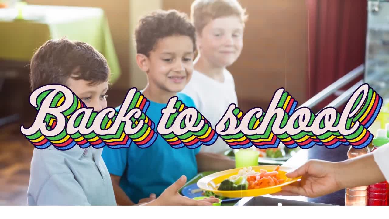 학교 복귀 교과서의 애니메이션은 식당에 있는 학교 아이들을 대상으로 합니다.