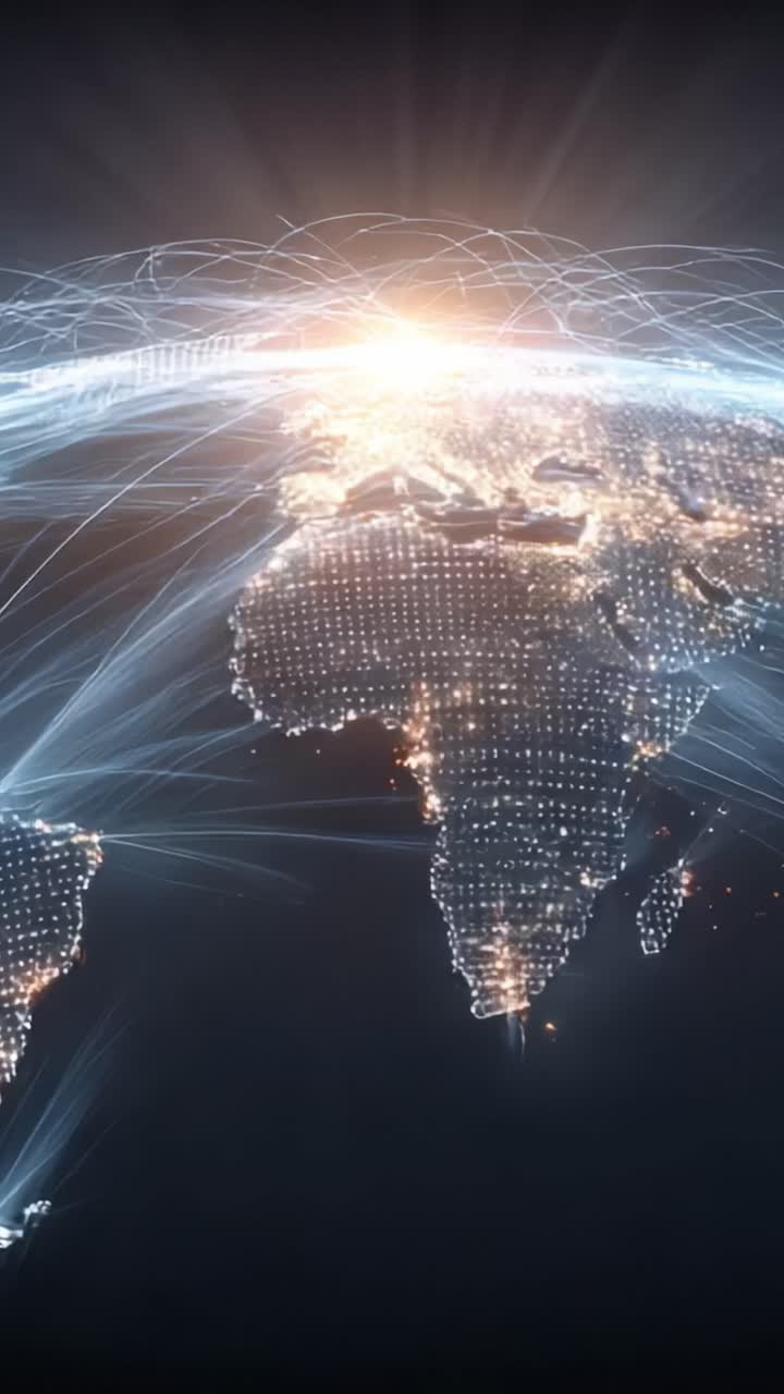 Globo digitale illuminato: una visualizzazione straordinaria della connettività globale attraverso dati e comunicazioni, che mostra le linee di rete e le caratteristiche geografiche