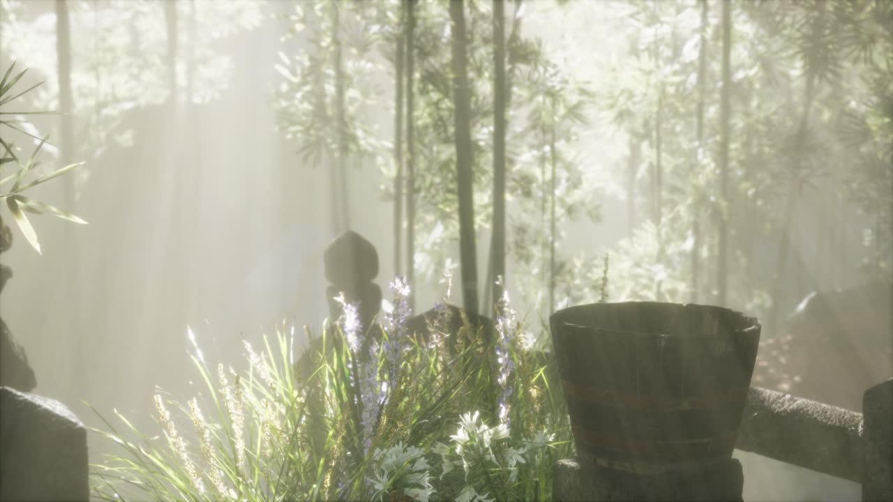 일본 대나무 숲 과 녹색 초원 잔디 와 자연 빛