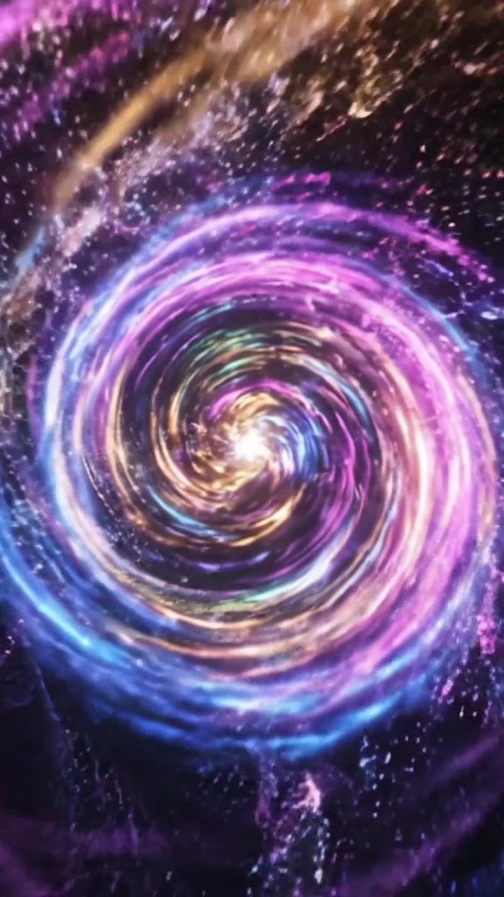 A Vibrant Spiral of Colorful Lights: A Journey Through a Hypnotic Cosmic Vortex with Brilliant Shades of Pink, Purple, Gold, and Green Amidst Starry Background