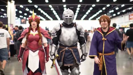 cosplay showcase: a vibrant gathering of character enthusiasts dressed in elaborate costumes at a convention center, capturing the spirit of fantasy and adventure