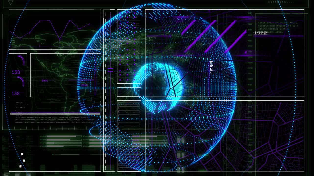 After scan pulse holographic globe expanding and rotating while HUD panels aligning to map data