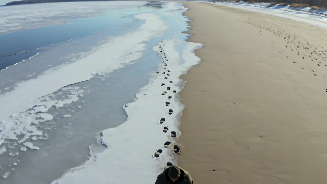 Seguendo impronte lontane, uomo in parka che cammina su una spiaggia fredda verso la telecamera superando la risacca schiumosa