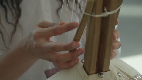 female hands playing kora strings percussion african harp in a warm daylight ambient, close-up shot