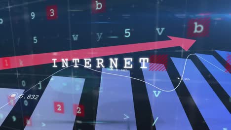 animation of internet connection text, line with financial data processing and red arrow