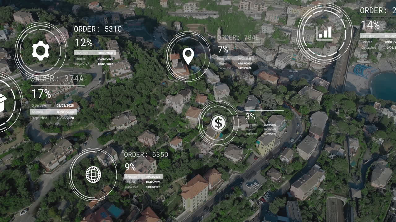 animación de la red de iconos y procesamiento de datos sobre el paisaje