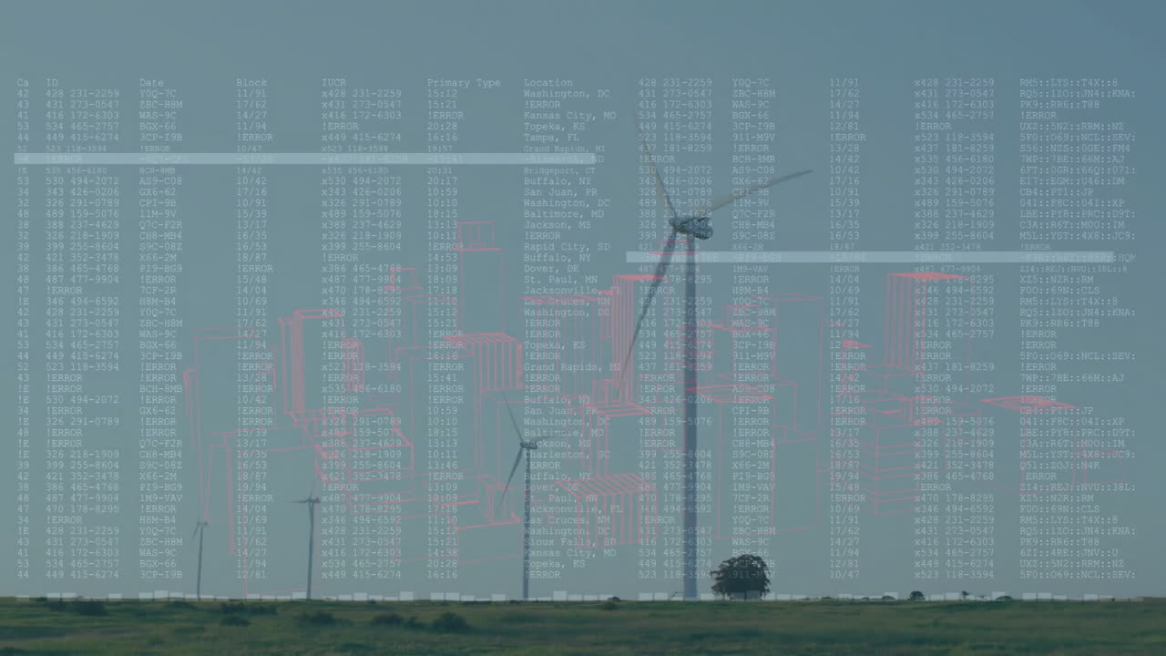 Wind turbines rotating over grassland blending with floating code overlay in flat design
