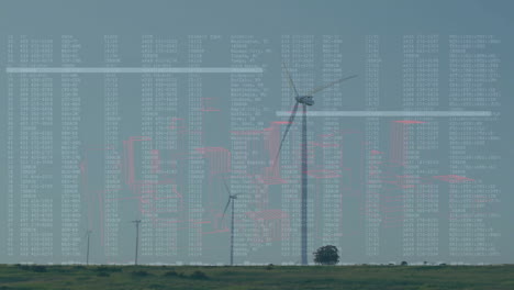 wind turbines rotating over grassland blending with floating code overlay in flat design