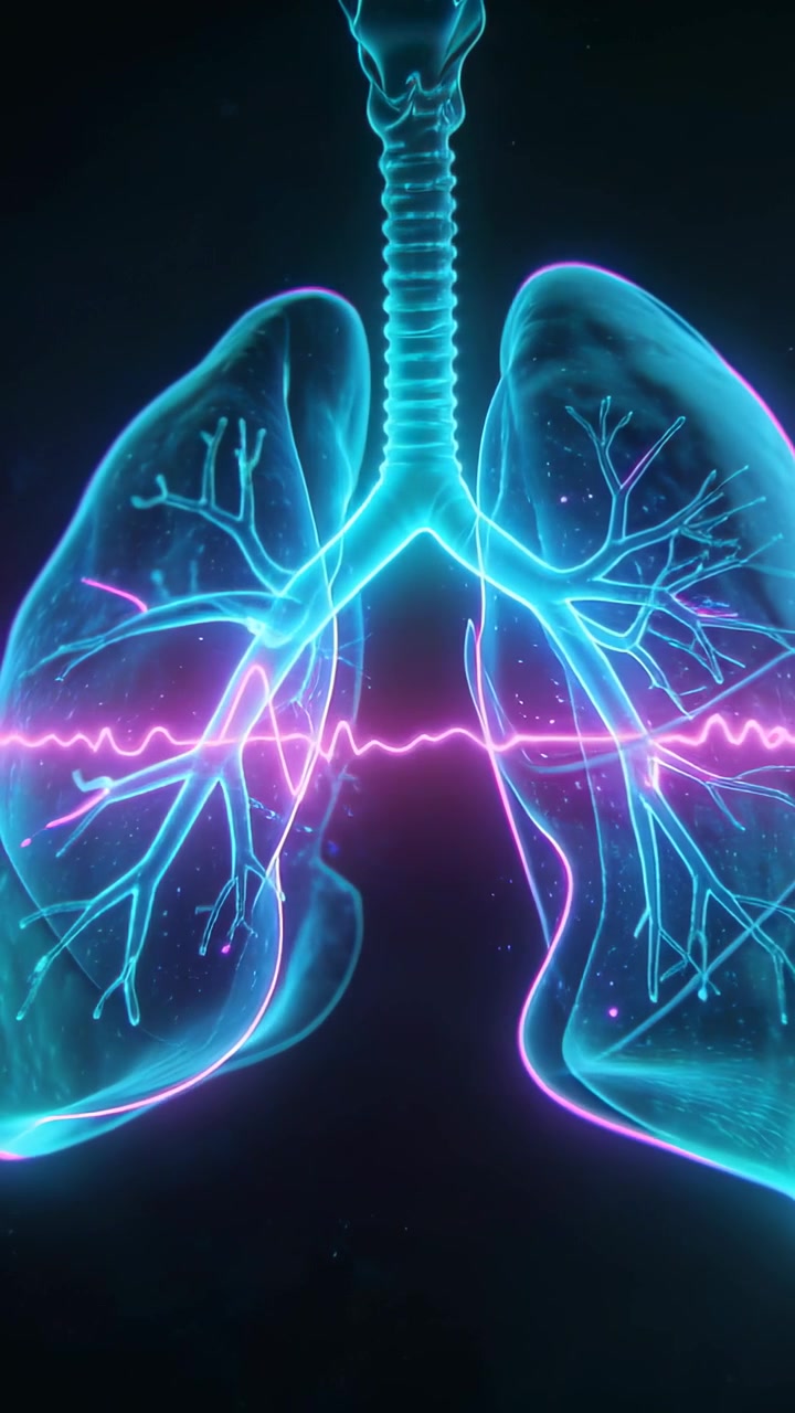 Video verticale: Onda ECG magenta che pulsa e muove polmoni e trachea ciano che si espandono su un vuoto scuro.
