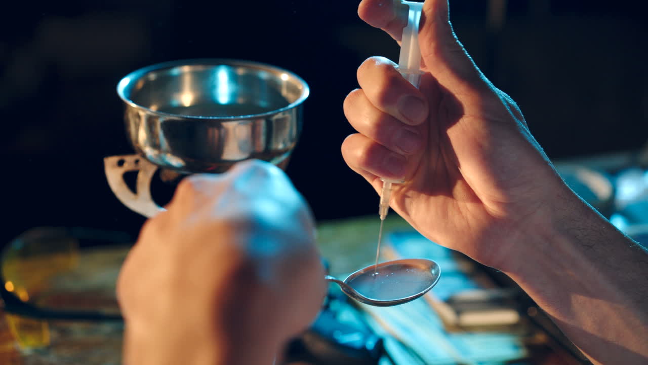 Man is a drug addict sitting at the table makes drugs. The concept of social problems of drug addiction and crime.