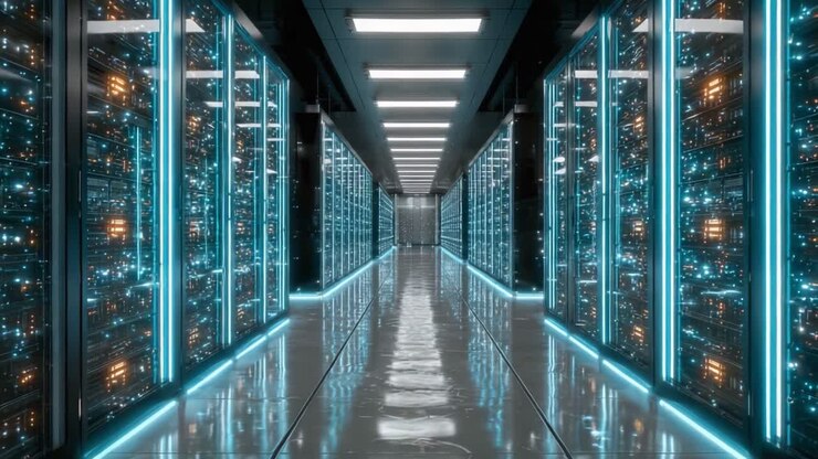 Sophisticated Data Center Corridor with Illuminated Server Racks and Reflective Flooring, Showcasing the Cutting-Edge Infrastructure of Modern Computing Technology