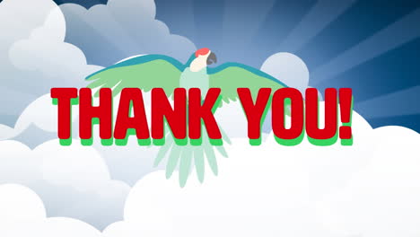 animation of thank you text over parrot and sky with clouds