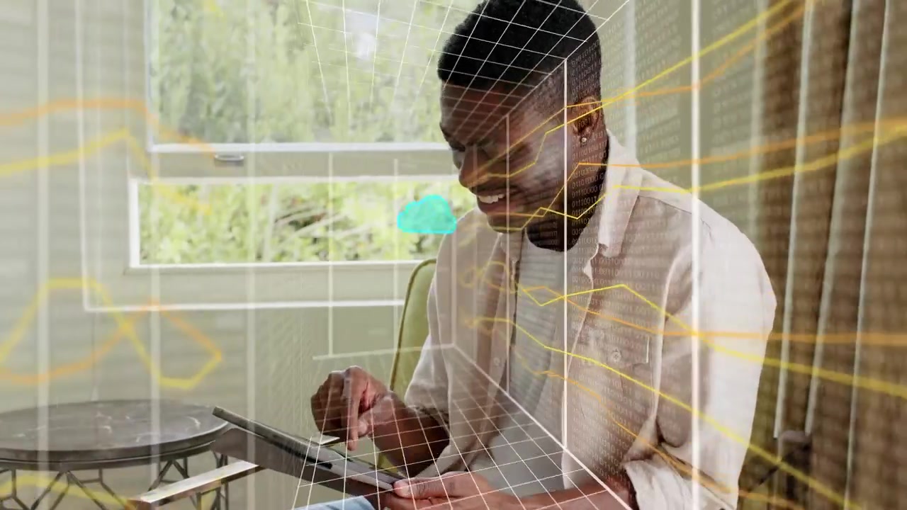 Man testing tech, tapping tablet, causing 3D grid, yellow waveform, cyan clouds growing and fading