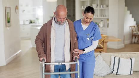 Woman,-nurse-and-helping-elderly-man-walk