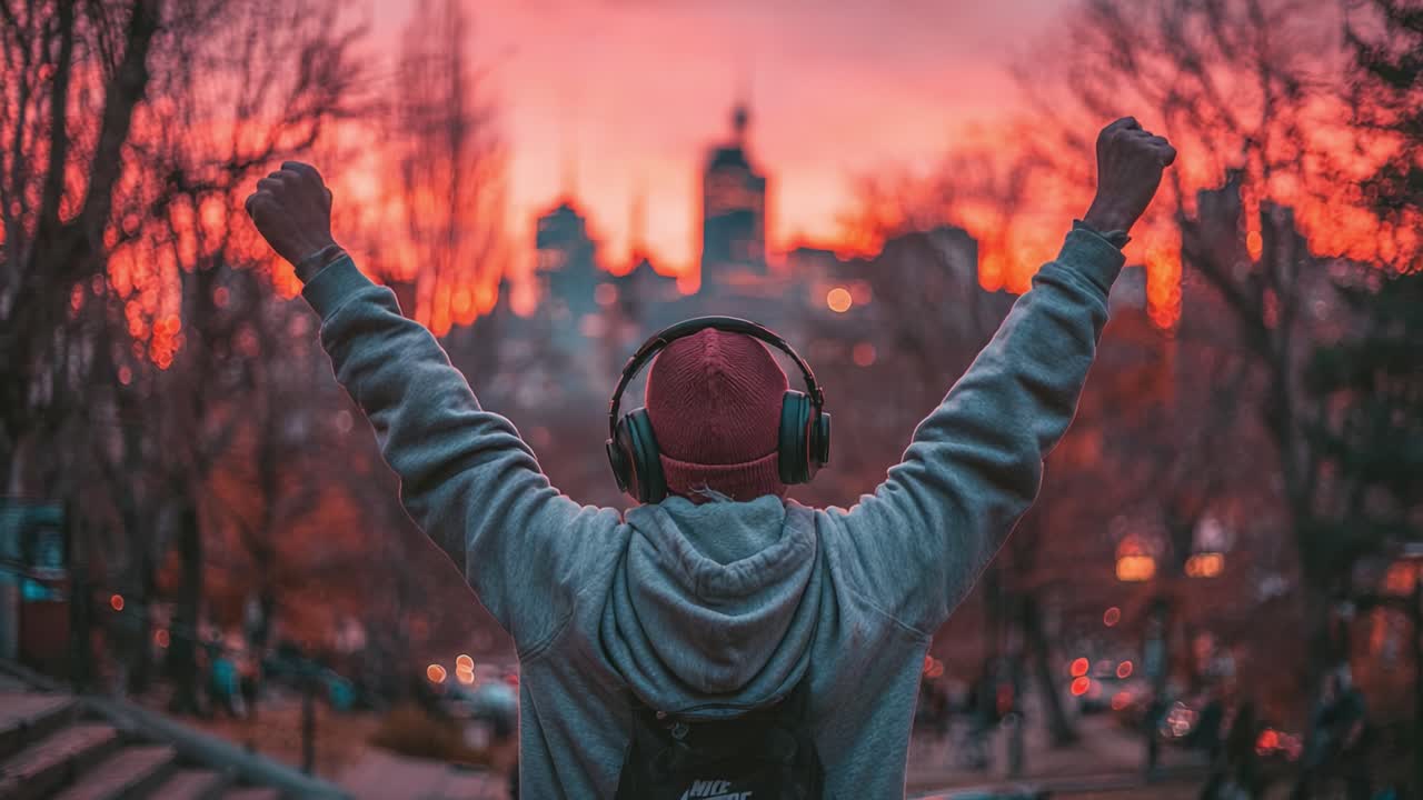 Energizing Moment: A Person with Headphones Raises Their Arms in Triumph Against a Stunning Sunset Over a City Skyline, Capturing the Essence of Victory and Freedom