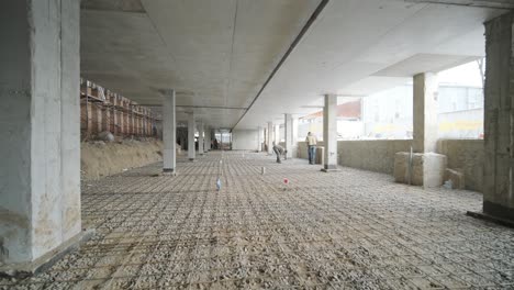 rebar lathing on sand and crushed stone for concrete reinforcement and strength