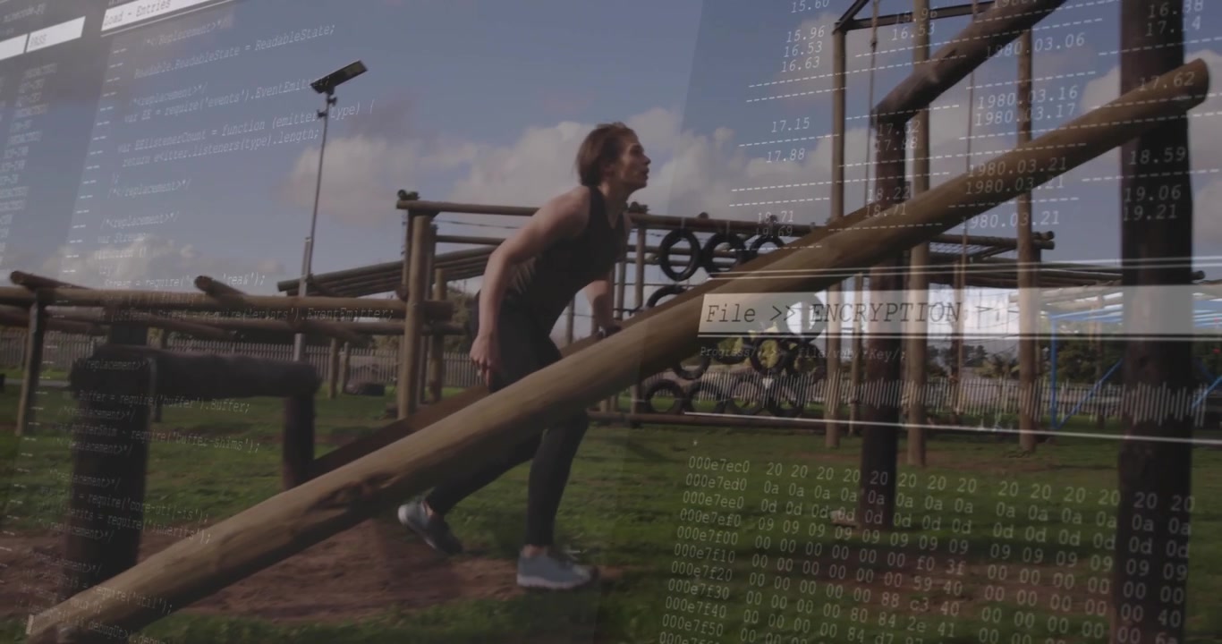 Athlete bending to crawl under beam in fitness course leaning at ramp with translucent code overlay