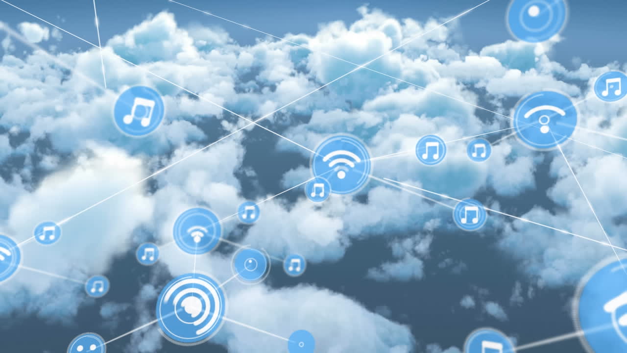 Animation af et netværk af forbindelser med ikoner over skyer og himmel