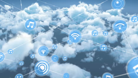 animación de la red de conexiones con iconos sobre nubes y cielo